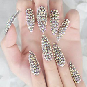 All Diamond Gorgeous, Press On Nails Long Stiletto Women Girls Gift, 24 pcs